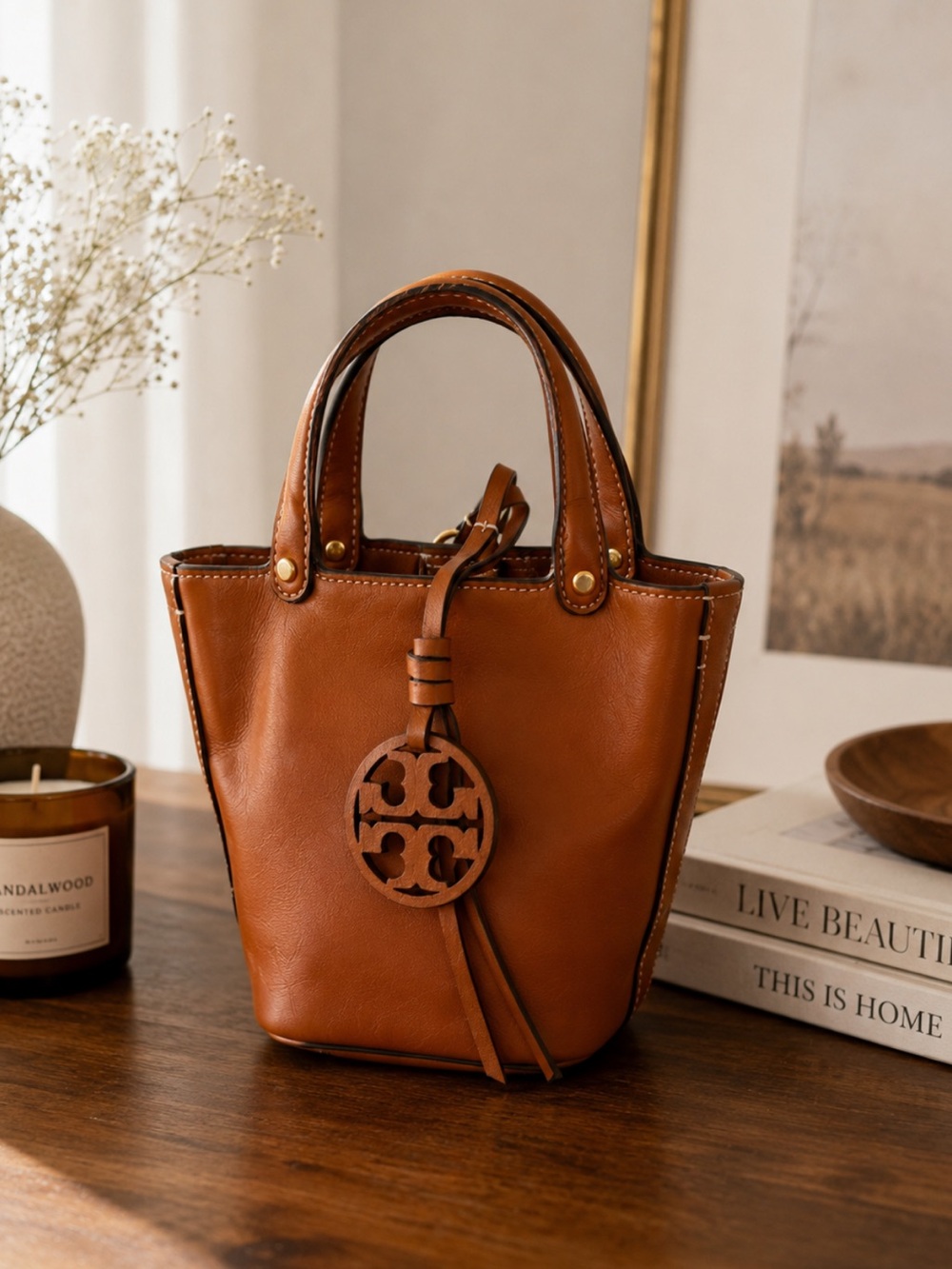 Tory Burch Miller Brown Leather Mini Bucket Tote Bag Logo Charm